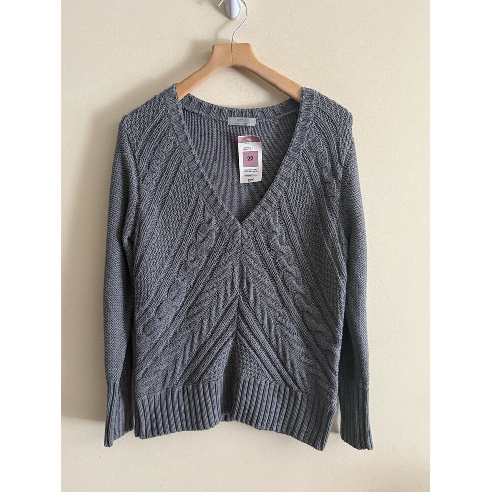 Marks & Spencer Ladies Grey Cable Knit V-neck UK 22 XL NWT Chunky Country Club